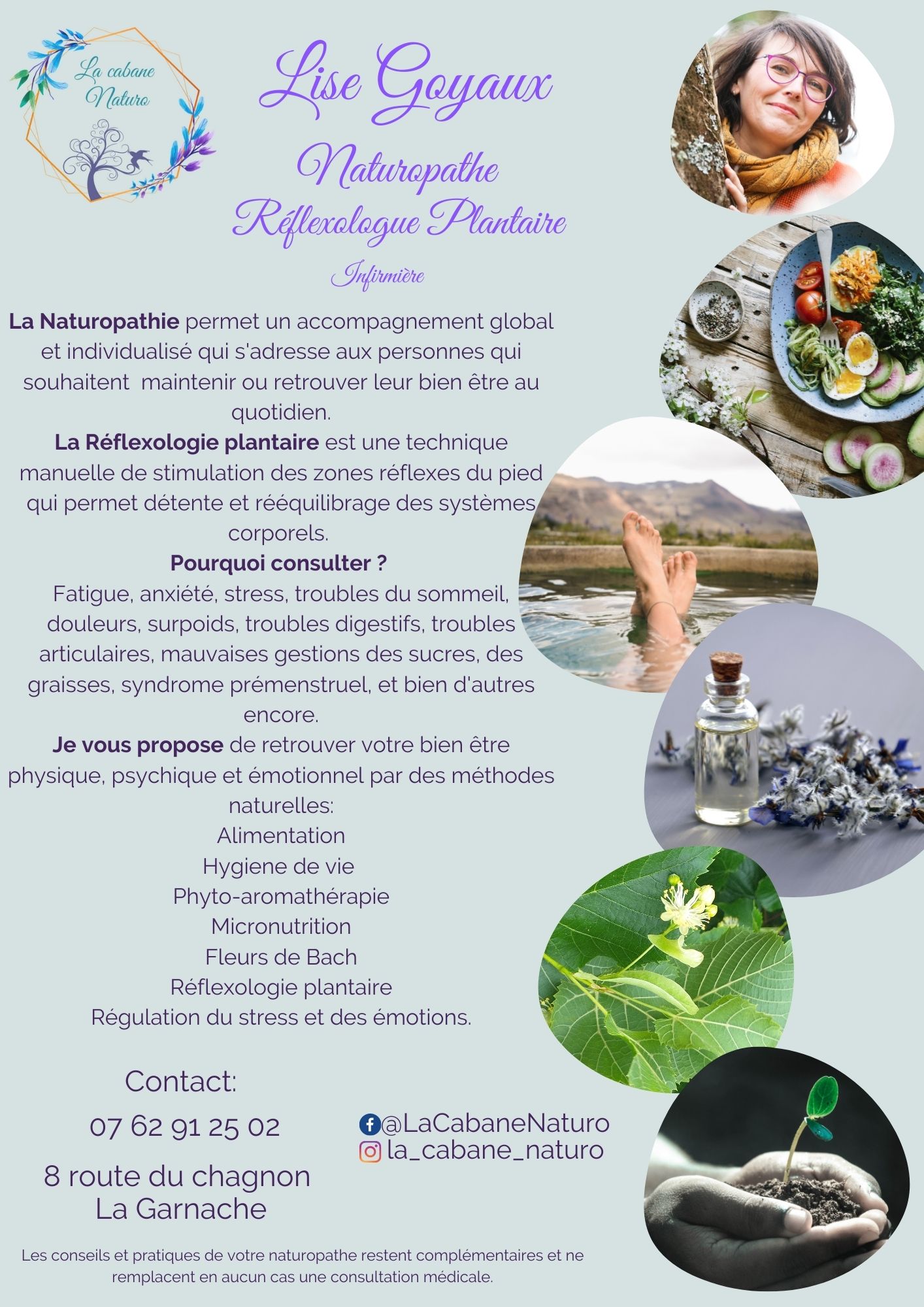 Flyer La Cabane Naturo Lise Goyaux, Naturopathe, réflexologue plantaire, La Garnache , Vendée